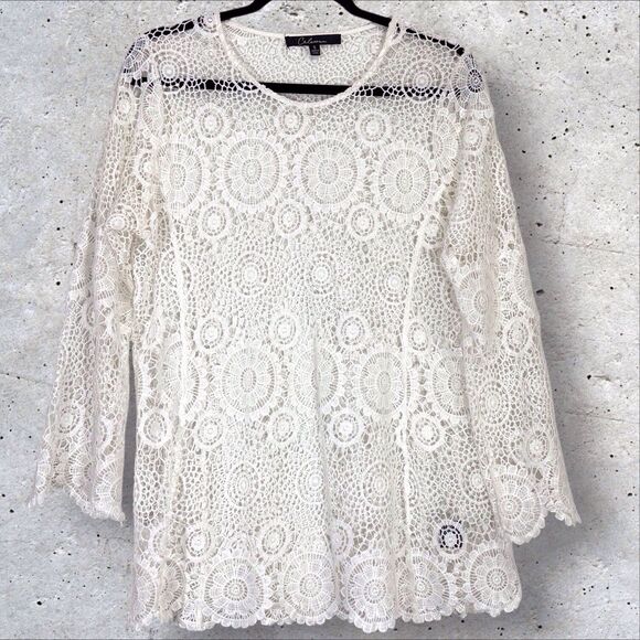 Calessa Crocheted Lace Tunic Top Boho Coastal Beach Womens Small White - Picture 3 of 8